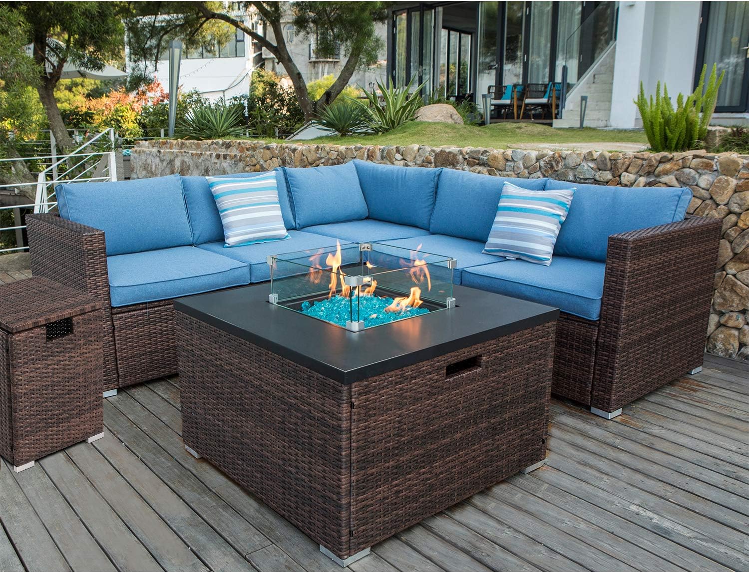 COSIEST 6-Piece Propane Fire Pit Outdoor Sectional Sofa, Brown Patio Furniture Set w 32-inch Square Wicker Fire Table (40,000 BTU), Wind Guard and Tank Table for Garden, Pool, Backyard