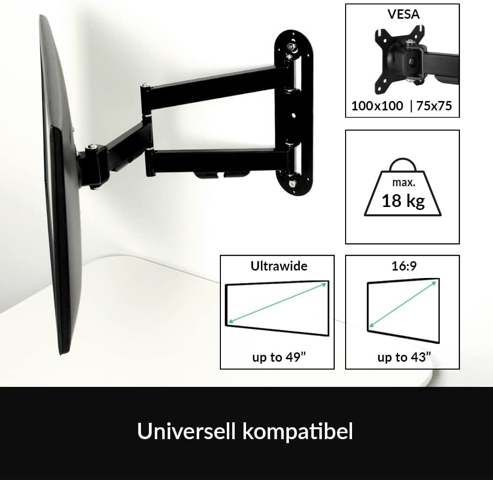 ARCTIC W1C - Wall Mount with Retractable Folding Arm, Wall Space-Saving Attachment, up to 43
