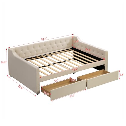 Merax Full Tufted Upholstered Daybed, Day Bed Frame with Wood Slat Support, Small Conner Sleeper Sofa for Bedroom & Guest Room, No Box Spring Needed, Full-Twin Size Trundle, Blue