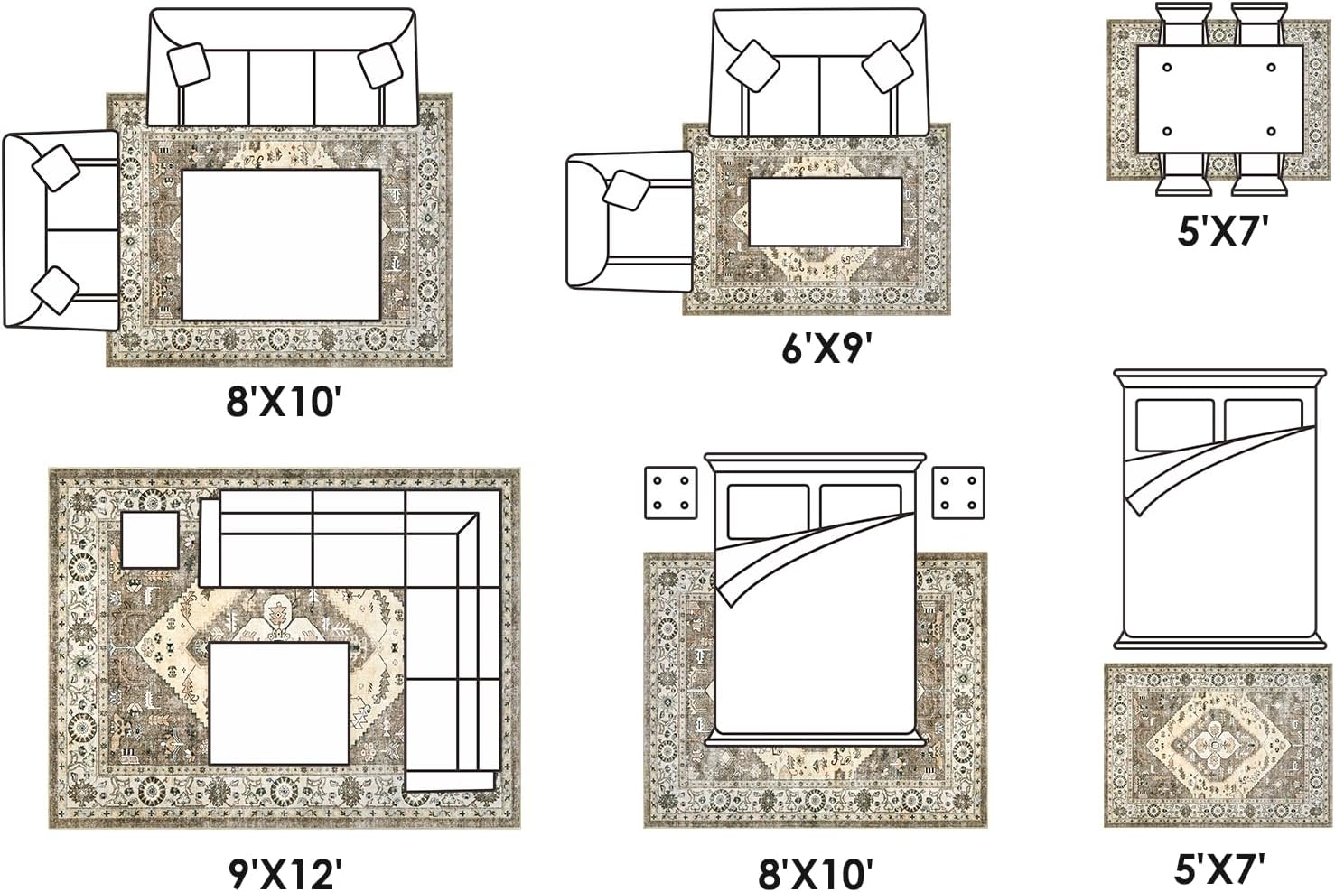 Washable Living Room Area Rugs - 5x7 Large Soft Machine Washable Non-Slip Area Rugs, Vintage Boho Oriental Traditional Bohemian Carpet for Bedroom Dining Room Indoor Dorm Office Decor Brown/Beige