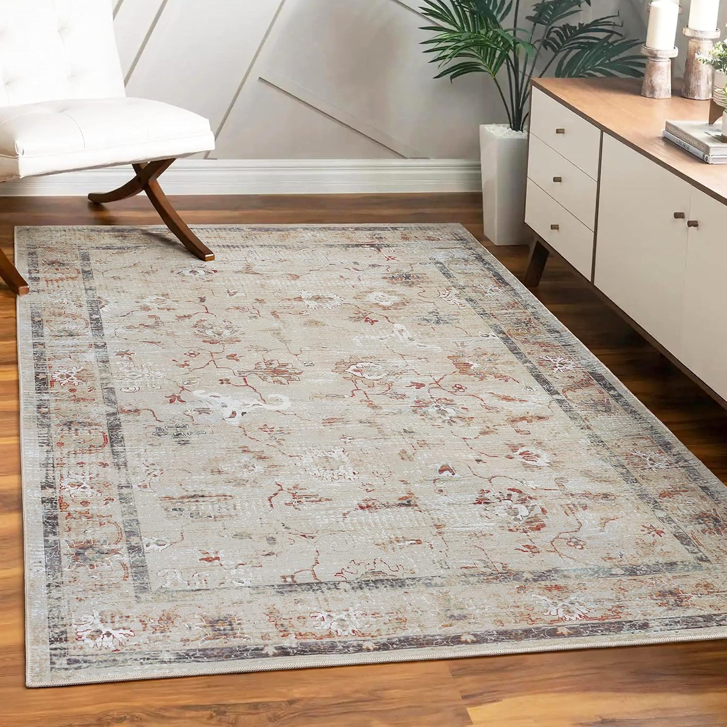 SUPERIOR Indoor Large Area Rug, Non-Slip Backing, for Kids or Pets, Entryway, Living Room, Kitchen, Dorm, Bedroom, Hallway, Machine Washable, Floor Cover, Floral, Swan Collection, 10' x 14', Cream