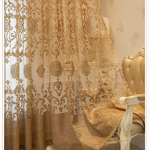 Amidoudou 1 Pair Luxury European Sheer Curtains Hollow Embroidered Tulle Curtains for Bedroom Living Room (Gold,54x96 Inch)