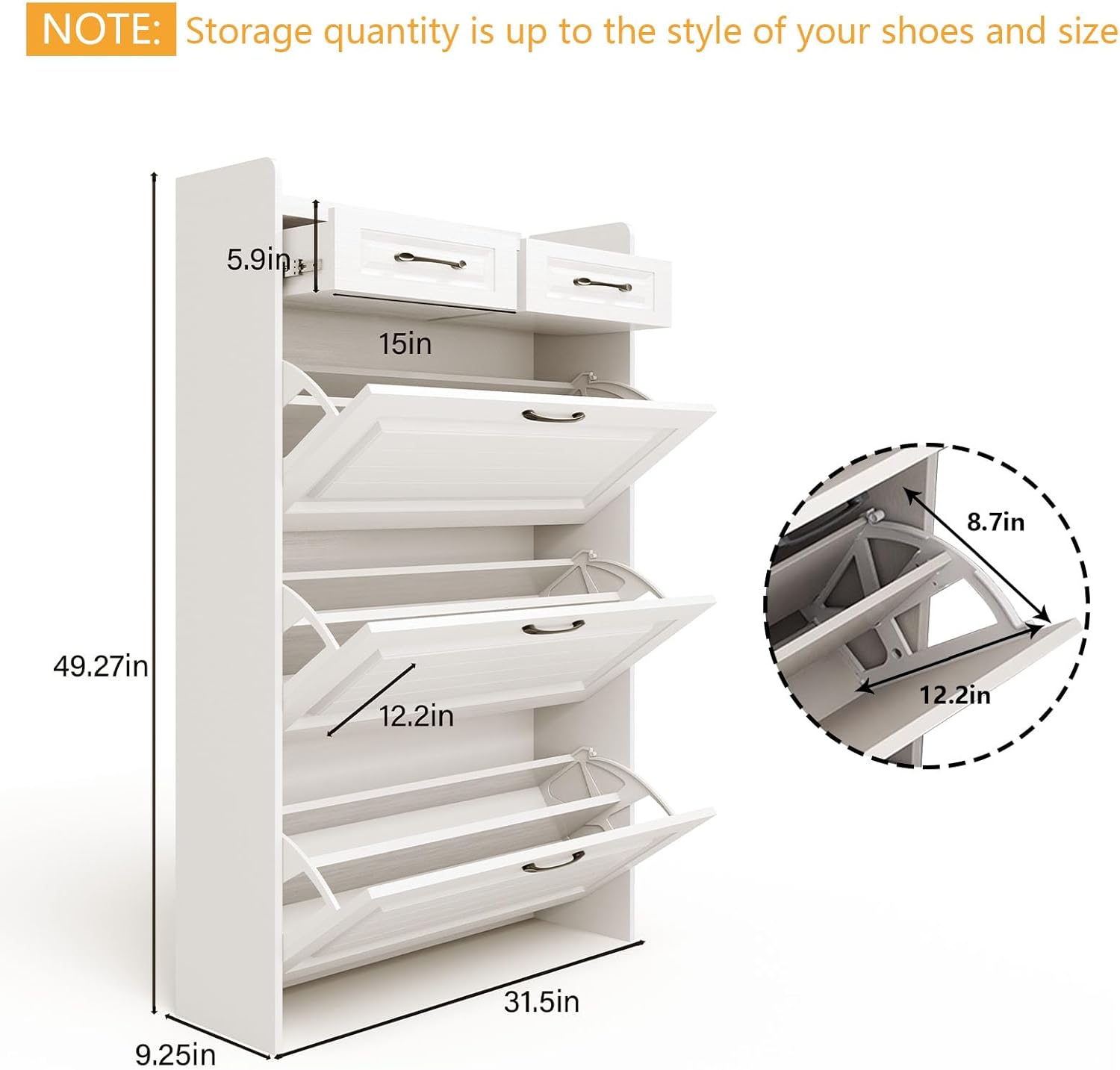 Shoe Storage Cabinet with 3 Flip Drawers, White Freestanding Storage Racks for Entryway Hidden Narrow Shoe Organizers Perfect for Heels, Boots, Slippers