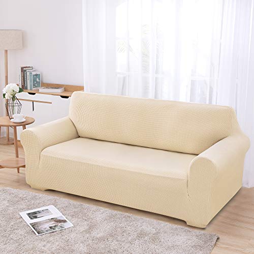 Deconovo Sofa 3 Seat Fitted Spandex Protector Slip Resistant Cover High Elasticity Anti-Wrinkle Solid Print Couch Slipcover for Dogs, Beige