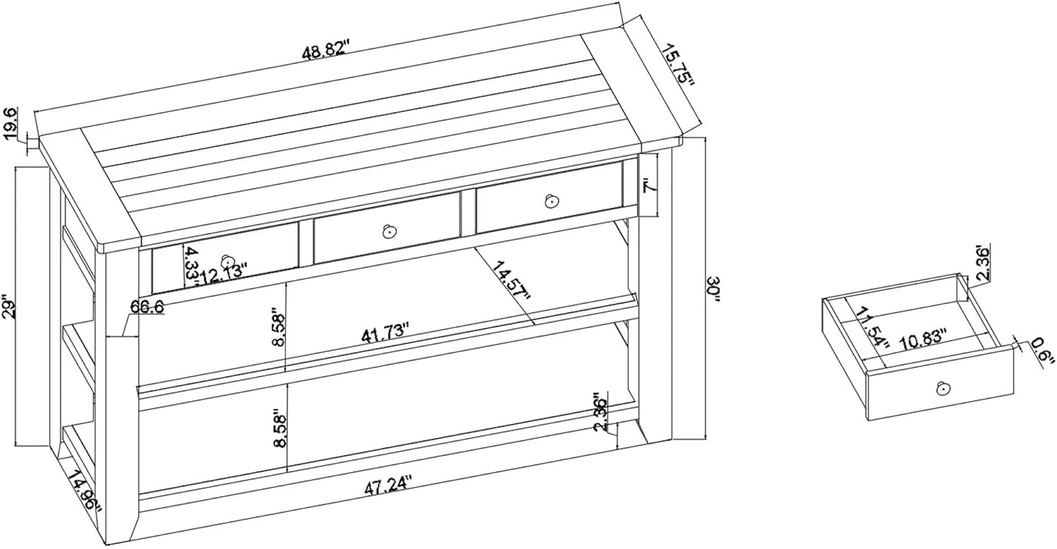 48'' Solid Pine Wood Top Console Table,Modern Entryway Sofa Side Table with 3 Storage Drawers and 2 Shelves for Entryway Hallway Living Room Bedroom Foyer,Easy Assembly (Black+48.82''L)