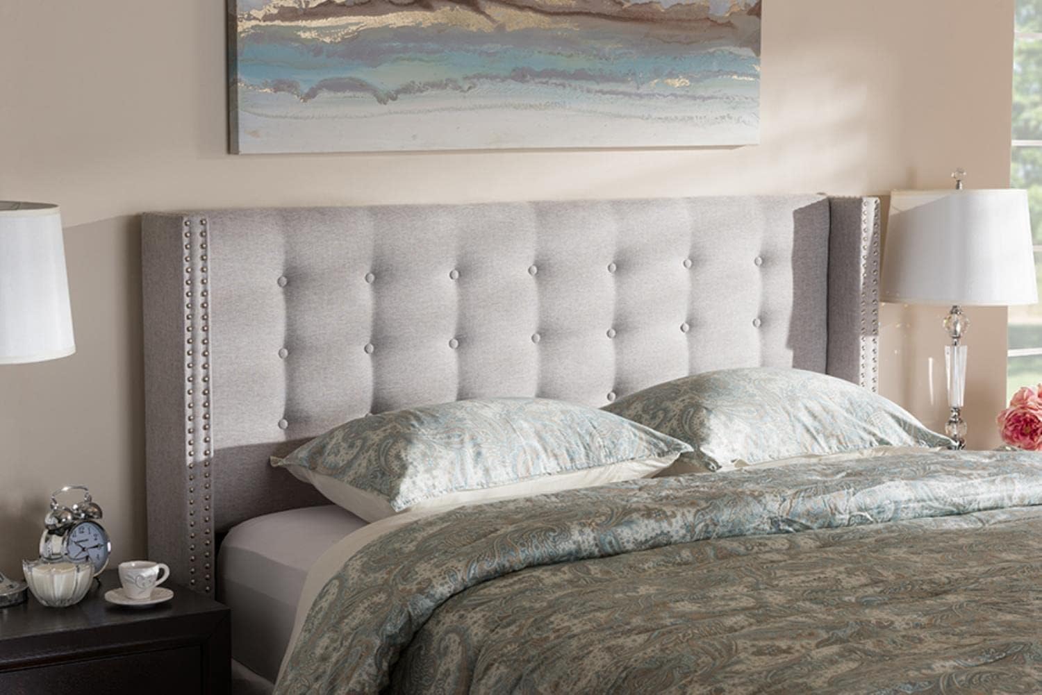 Baxton Studio Ginaro Modern and Contemporary Greyish Beige Fabric Button-Tufted Nail Head Queen Size Winged Headboard/Contemporary/Fabric Polyester 100%