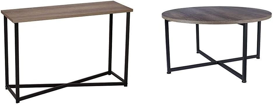 Household Essentials Ashwood Sofa Table | Console Table for Entryway | Gray-Brown & Grey Top Black Frame Ashwood Round Coffee Table, 31.5 x 31.5