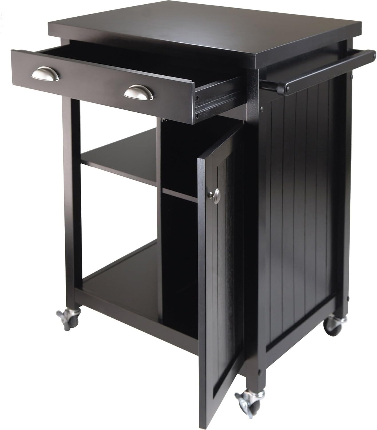 Winsome Timber Wood Kitchen Cart With Wainscot Panel, 1-Drawer, Black (20727)