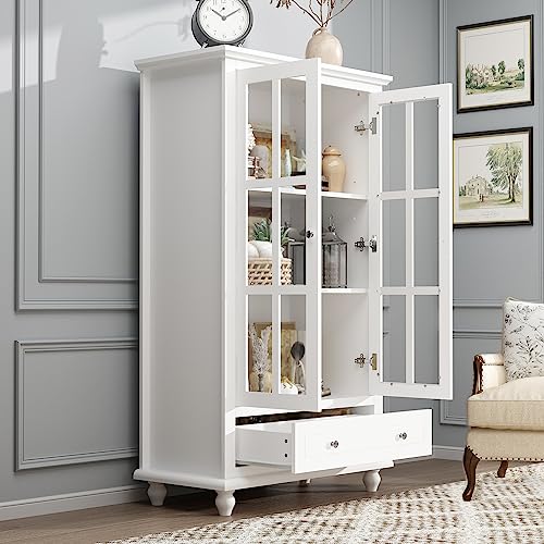 Hitow Tall Bookshelf White Bookcase with Glass Doors, Wooden Display Cabinet with 4-Tier Shelf & 2 Drawers, Pantry Cabinet for Home Office, Living Room, White (31.5”W x 15.7”D x 70.1”H)