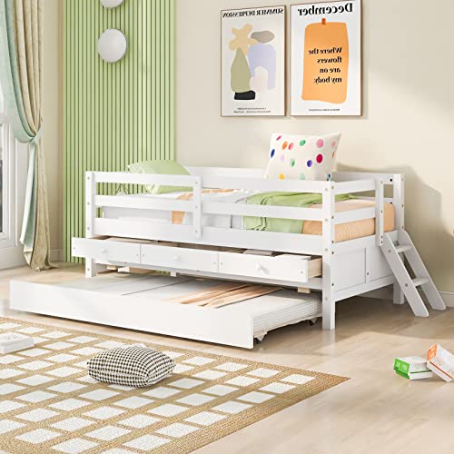 Twin Size Wood Low Loft Bed Frames with Trundle & 3 Storage Drawers, Modern Loft Bed with Full Safety Fence & Climbing Ladder for Bedroom Small Living Room Boys Girls (Espresso)
