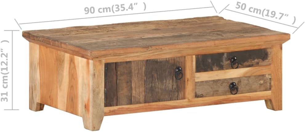 vidaXL Solid Reclaimed Wood Coffee Table with Storage, Vintage Rustic Rectangular Accent Table, Strong Acacia Wood Frame, No Assembly Required, 35.4