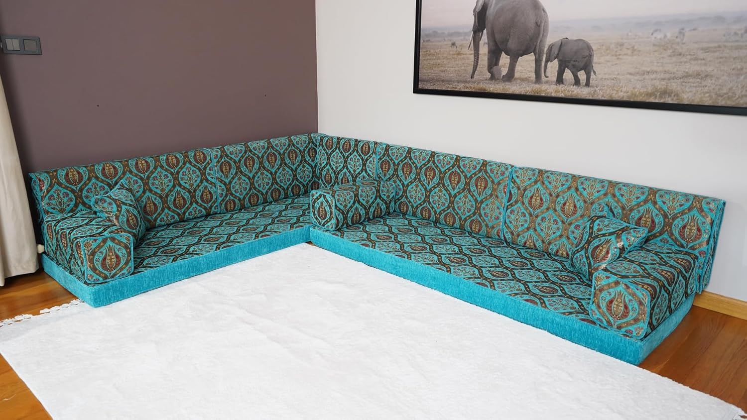 L Shaped Royal Turquoise Floor Sofa, Sofa Set Living Room, Diwan Sofa, Arabic Couch, Floor Pillow, Arabic Sofa, Floor Cushion (4'' Thickness Sofa, L Sofa Only)