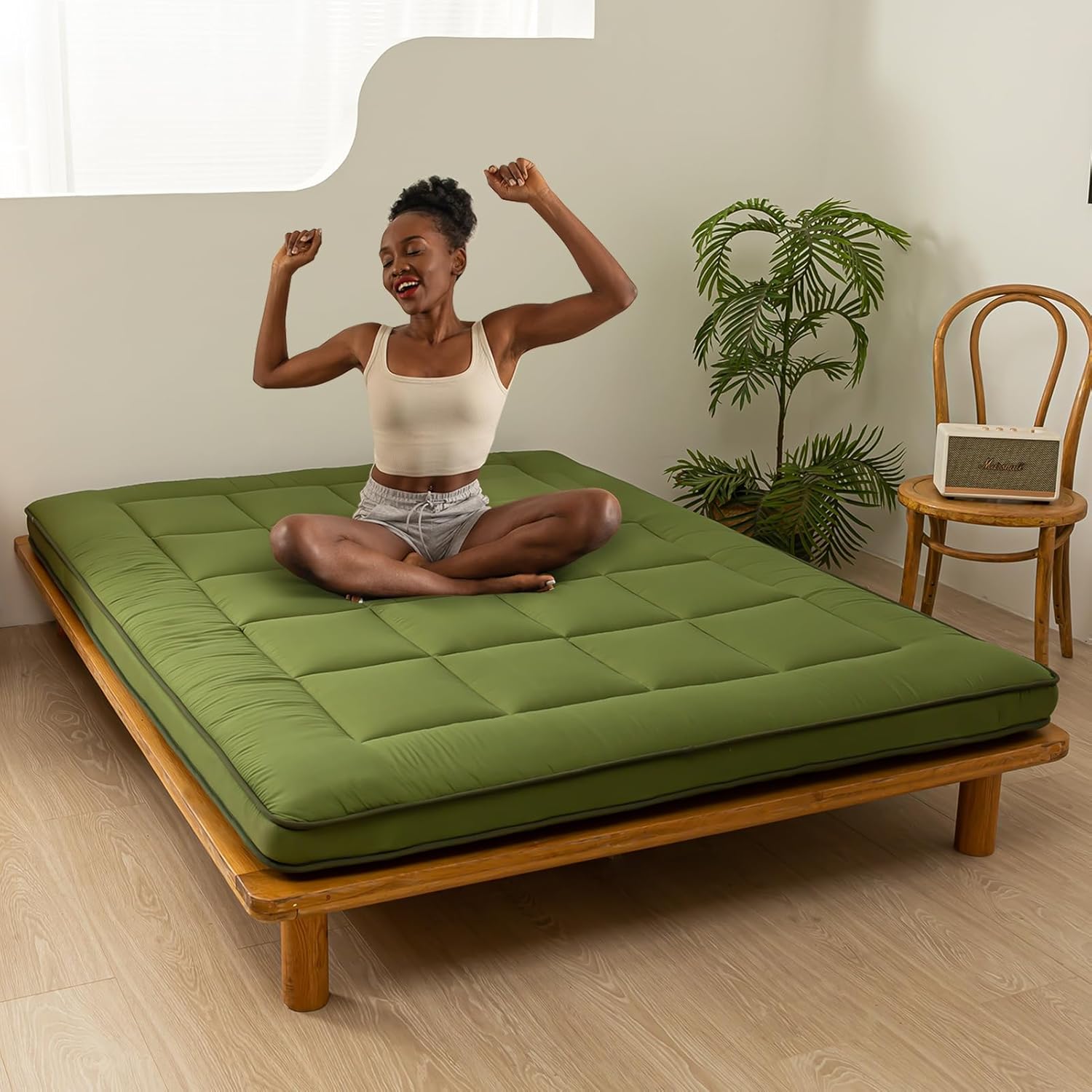 MAXYOYO Japanese Futon Mattress Queen Mattress Roll Up Mattress Floor Bed Floor Mattress for Adults Grid Foldable Mattress for Floor Plaid Checkered Guest Bed Camping Queen Bed Mattress Pad, Green