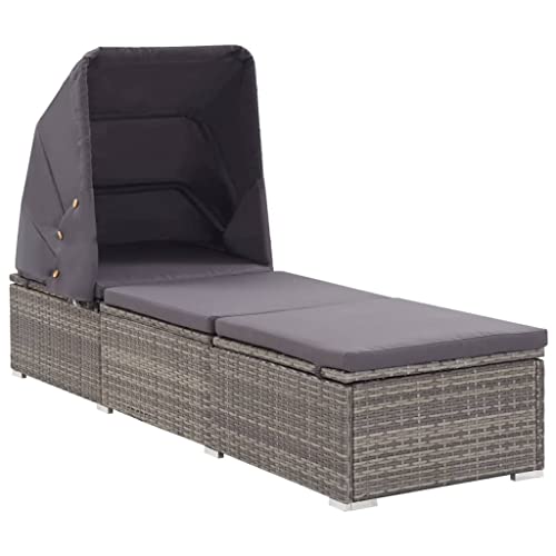 Sun Lounger with Canopy and Cushion Poly Rattan Gray, for Outdoor use on patios, Balconies, or Campsites. Sun Loungers, Chaise Lounges, Patio Furniture