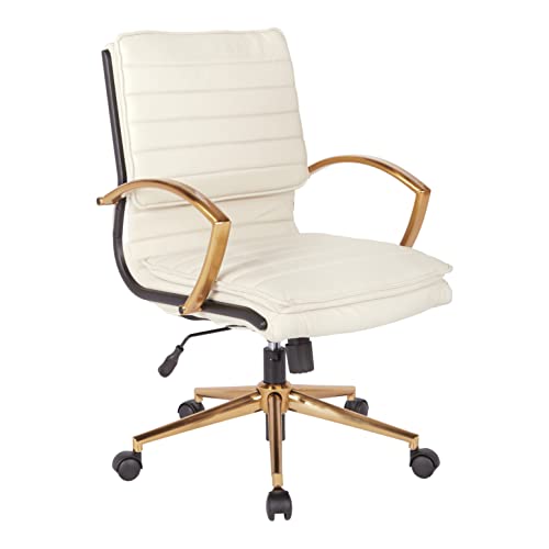 OSP Home Furnishings FL Series Mid-Back Faux Leather Adjustable Office Desk Chair with Thick Contoured Seat and Gold Finish, Cream
