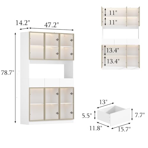 Homsee Bookcase Bookshelf with Storage Shelves, Drawers, 6 Glass Doors & LED Lights, Wooden Display Storage Cabinet with Hutch for Home Office, Living Room, White (47.2”W x 14.2”D x 78.7”H)