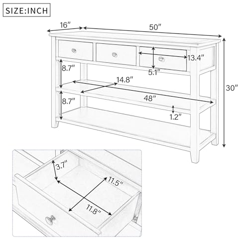 DDJ Entryway Table with 3 Drawers, Console Table with 2-Tier Open Shelves and Pine Solid Wood Frame, Entry Table with Storage for Entrance, Foyer, 16