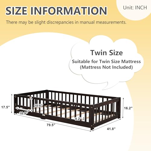 Dolonm Queen Size Montessori Bed, Toddler Floor Bed for Kids, Floor Platform Bed with Fence Guardrails and Door, Montessori Floor Bed Frame, Wooden Floor Bed Toddler, Natural