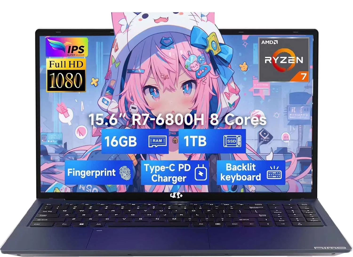 15.6" IPS FHD-Gaming-Laptop 8 Cores AMD Ryzen 7 6800H 16GB DDR5 RAM 1TB SSD (Beat Intel i7-12700H Up to 4.7GHz) AMD Radeon 680M GPU-Computer with 100W Type-C Backlit Keyboard Fingerprint