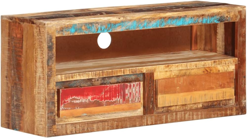 vidaXL Solid Reclaimed Wood TV Stand - Versatile Entertainment Unit with Unique Design, Shelf, and Two Drawers, Sheesham Wood Finish