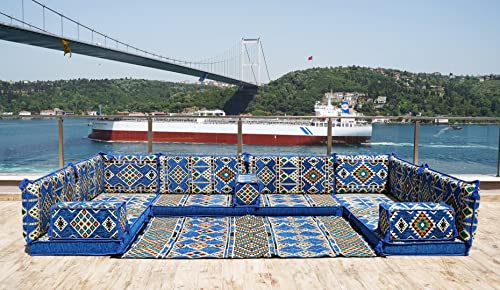 Royal Blue Arabic Sofa Floor Seating Set, Arabic Majlis Set, Floor Cushions, Pallet Sofa Cushions for Garden, Oriental Floor Seating Set, Floor Pillows (U Sofa Full Set)