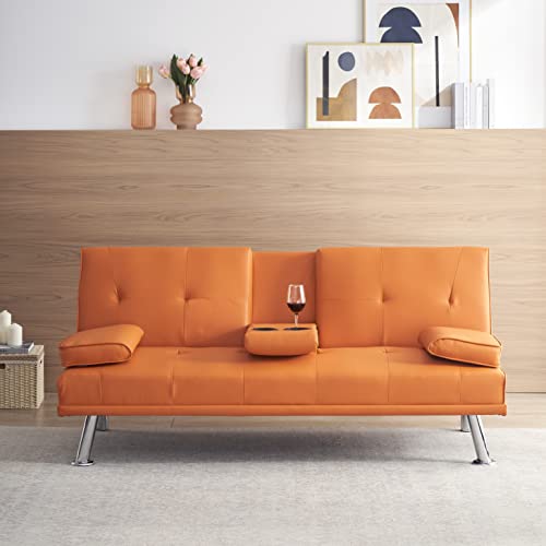 Modern Multifunctional Leather Folding Double Love Sofa Bed, Metal Leg - Coffee Table 2 Cupholders Simple Design Office Sofa, Convertible Sofa for Compact Living Space, Apartment, Dorm(Orange)