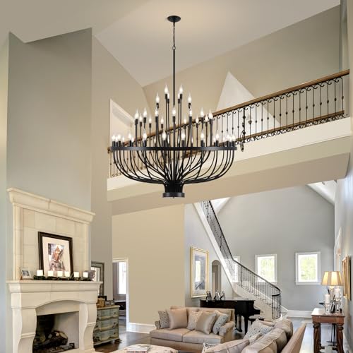 Black Chandelier 48 Light, Modern Farmhouse Chandelier for Dining Room, Round Industrial Candle Chandeliers Light, Wagon Wheel Chandelier 3-Tier 47.2 in for Hallway, Living Room, Foyer