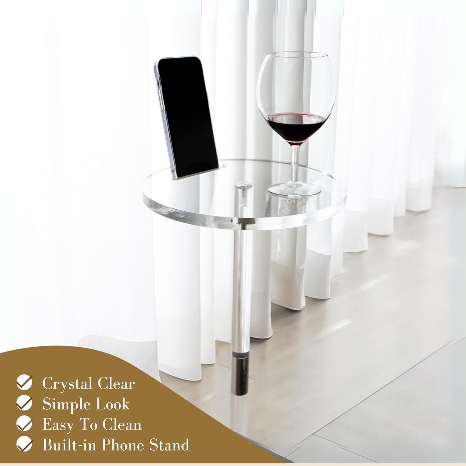 Acrylic Drink Table – Small Pedestal Side Table with Phone Holder, Round End Table 2024 Upgraded for Small Spaces, Modern Martini & Cocktail Table for Living Room, Sturdy & Easy Assembly, Clear