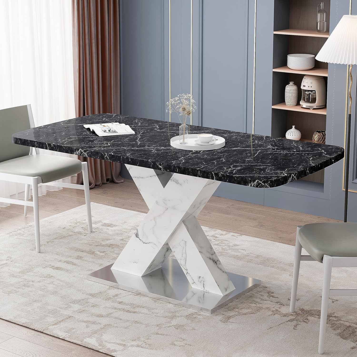 Modern Square Dining Table,Stretchable,Printed MarbleTable Top+MDF X-Shape TableLeg Metal Base, 1, Black White