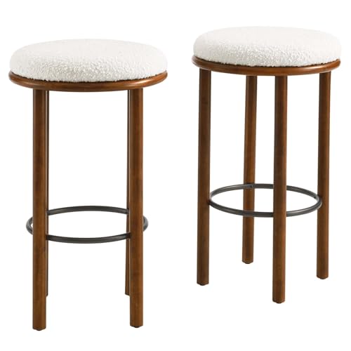 Modway Fable 30 Inch Backless Wood Bar Stools Set of 2 in Oak Ivory - Upholstered Padded Boucle Round Barstool - 2Pc Bar Height Stools with Footrest