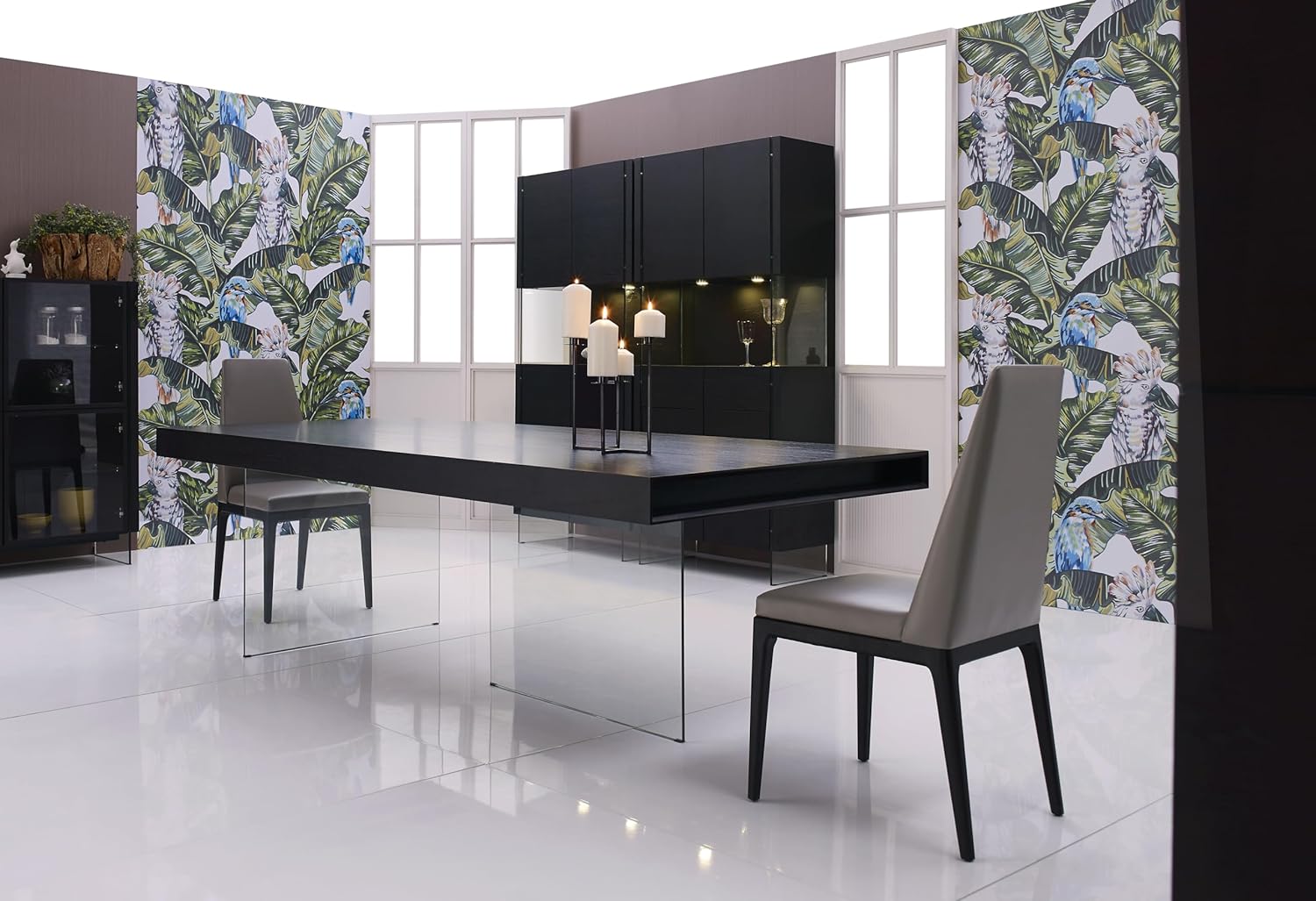 Daffara Collection Modern Style Veneer Finished Dining Table with Clear Tempered Glass Legs, Timber Chocolate