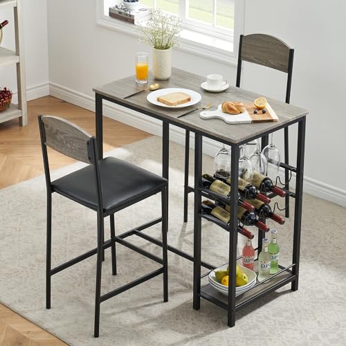 Bar Table Set for 2 with Storage Shelf and Wine Rack, Dining Table and Chairs of 2 with Footrest, Space Saving Kitchen Counter Height Table and 2 PU Leather Chairs, Easy to Assemble, Gray
