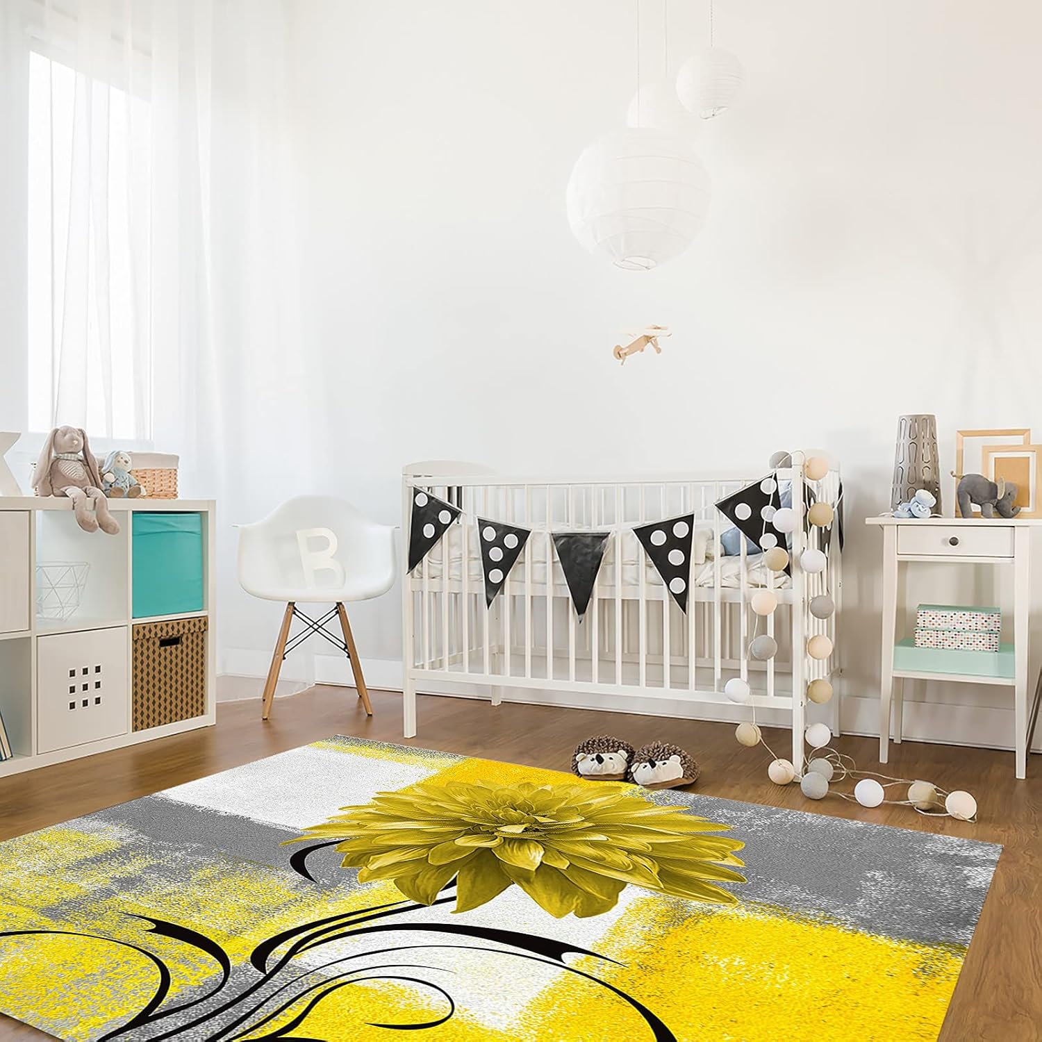 Modern Yellow Dahlia Area Rug, 4x6ft, Vintage Yellow Gray Geometric Living Room Carpet, Pet Friendly Absorbent Bedside Rug, Durable Non-Slip Home Decor Rugs for Nursery Bedroom