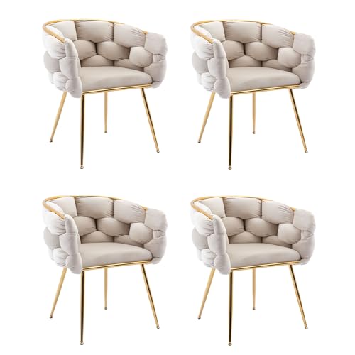 Henf Tufted Woven Dining Chairs Upholstered Dining Chair w/Gold Metal Legs, Modern Accent Chair for Living Room, Velvet Side Chair for Dining Room Kitchen, Cute Club Makeup Chair (Green, Set of 1)