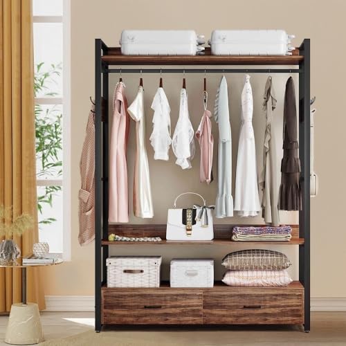 Clothes Rack with Drawers, Freestanding Closet Organizer, Clothes Rack with Shelf and Hanging Rod, Industrial Hall Tree Garments Rack for Entryway, Bedroom