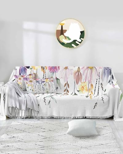 Floral Pink Purple Sofa Cover Couch Covers for 3 Cushion Couch Throw Couch Cover with Tassel Soft Sofa Slipcover Spring Summer Flowers Leaf Beige Couch Furniture Protector for Dog Pet 71