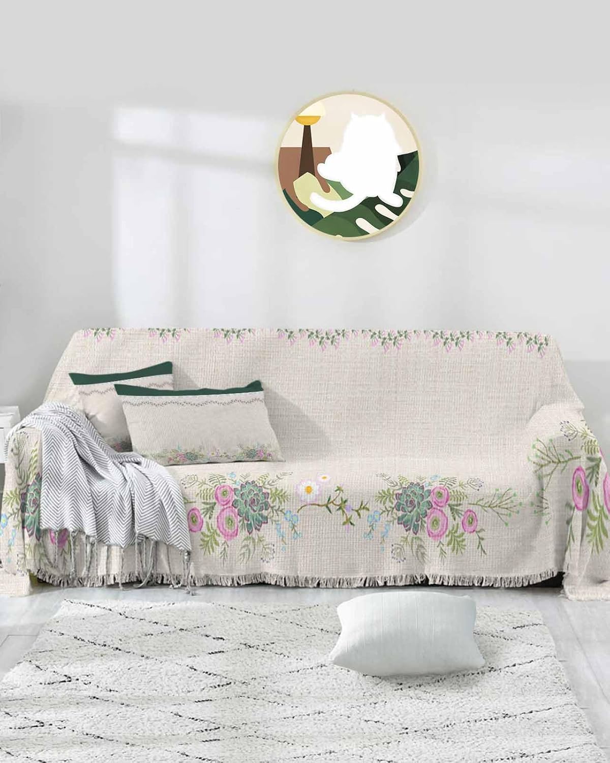 Floral Sofa Cover Couch Covers for 3 Cushion Couch Throw Couch Cover with Tassel Soft Sofa Slipcover Watercolor Flowers Texture Leaves Green on Burlap Couch Furniture Protector for Dog Pet 71