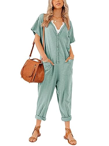 Aoysky Oversize Women's One Piece Button Up Jumpsuit Casual Loose Short Sleeve V Neck Long Pants Rompers
