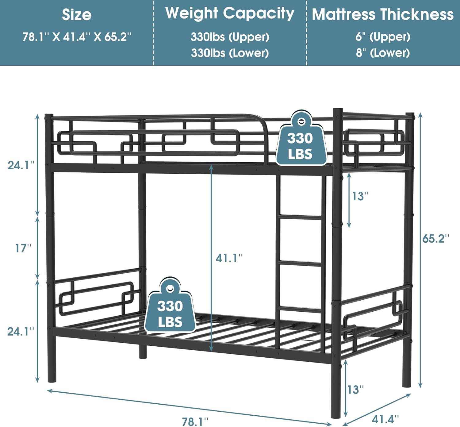 Metal Bunk Bed Twin Over Twin, Heavy Duty Bunk Bed with Ladder & Safety Guardrail, Convertible Twin Bunk Beds into 2 Individual Twin Size Bed for Kids Adults, Black