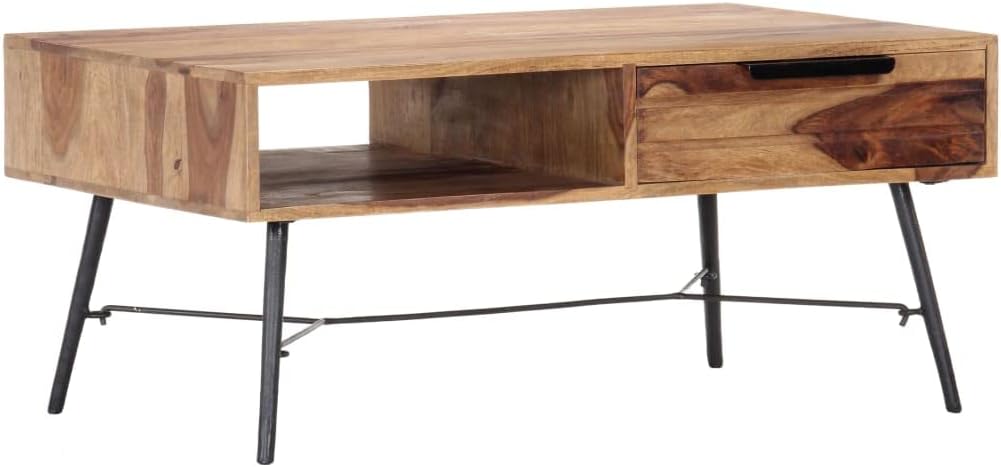 Coffee Table, Stable Solid Coffee Table Sheesham Wood Multimedia Table with with 4 Metal Legs Home Decor for Home Living Room, Office 34.6
