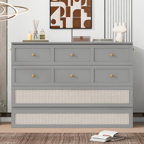 Queen Size Murphy Bed, Murphy Cabinet Bed with Large Drawer, Can Be Foldable, Space Saving, Wooden Low Bedframe for Bedroom, Apartment (Gray, Queen)