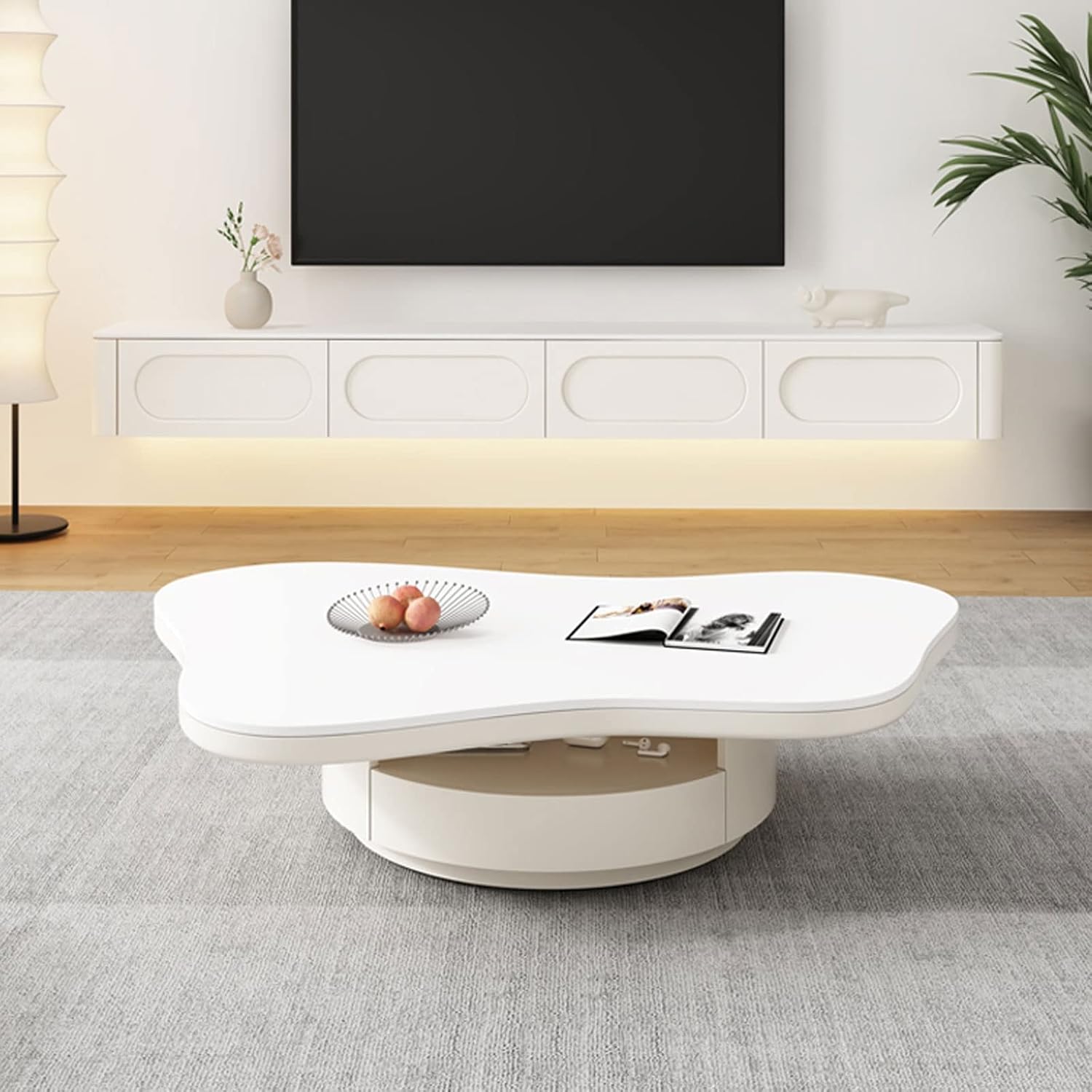 Coffee Table Irregular White Coffee Table,Cute Butterfly-Shaped Cream Coffee Table, Funky Coffee Table with Storage and Drawer End Table for Living Room Side Table