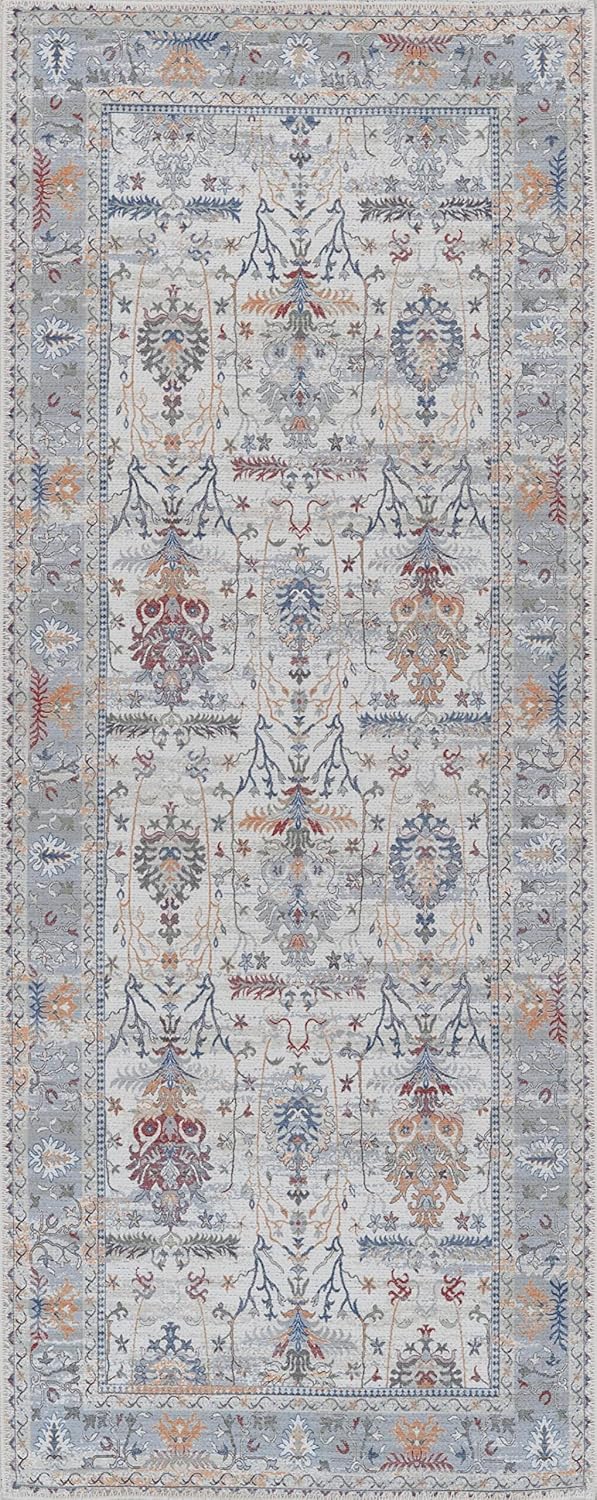 Adiva Rugs Machine Washable 2'6x10 Area Rug with Non Slip Backing for Living Room, Bedroom, Bathroom, Kitchen, Printed Vintage Home Decor, Floor Decoration Carpet Mat (Multi, 2'6