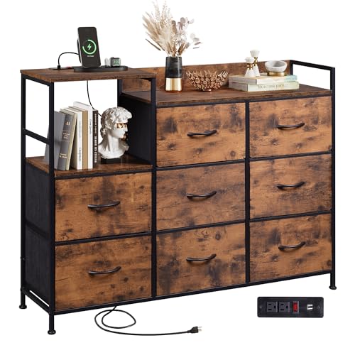 WLIVE Black Dresser TV Stand for Bedroom with Charging Station, Wide Storage Chest of Drawers with 8 Large Fabric Drawers and Open Shelves, Storage Organizer Unit for Closet, Living Room, Hallway
