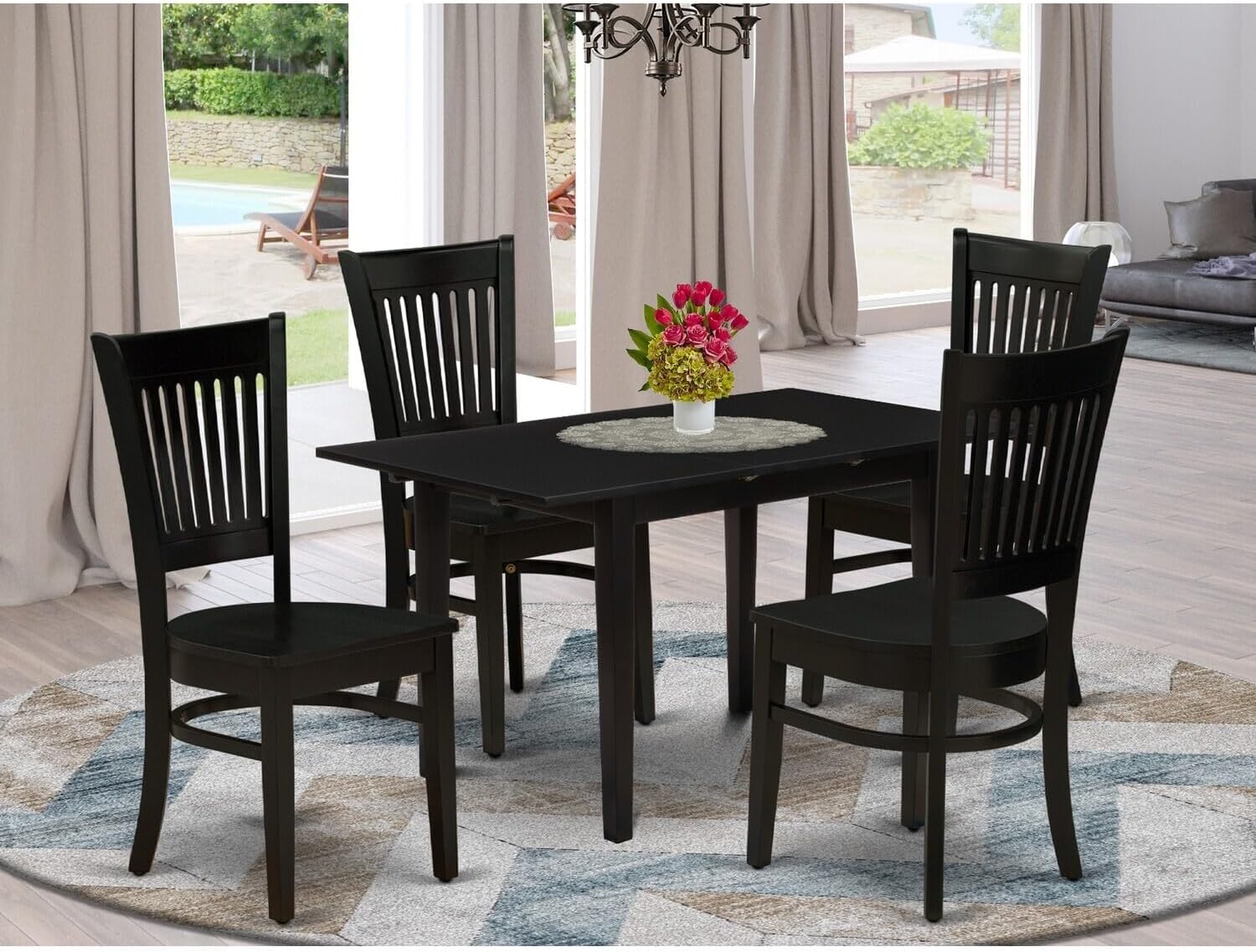 Mountain Lodge 5-Piece Dinette Set 4 Wood Dining Chairs with Slatted Back and Wooden Seat and Butterfly Leaf Dining Room Table with Rectangular Top and 4 Legs- Black Finish