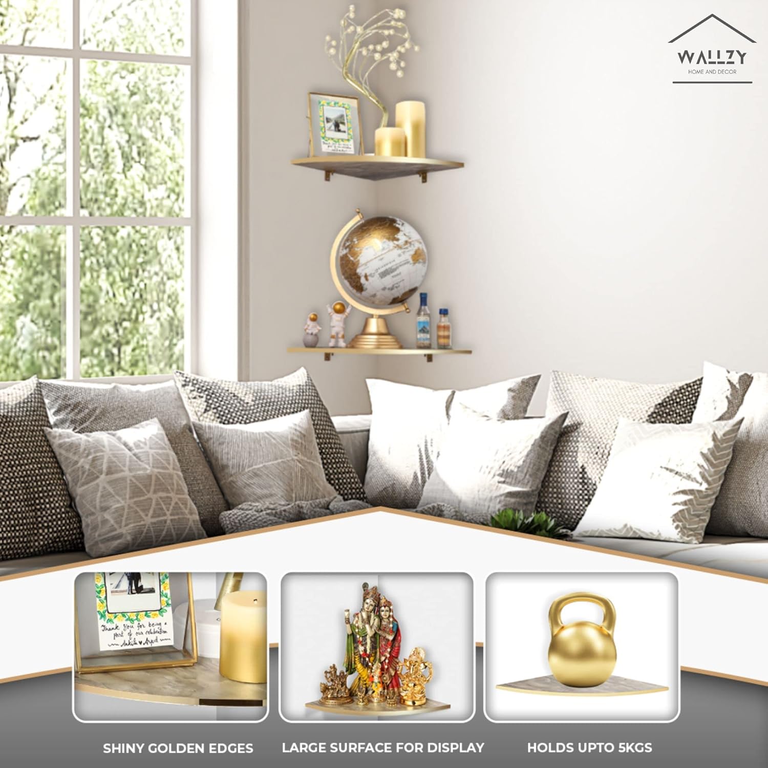 Wooden Corner Shelf for Living Room Decor and Storage, Multipurpose Side Corner Wall Shelf for Living Room, Bedroom and Kitchen (Set of 2 Floating Wooden Wall Shelves for Home Decor) (Marble)