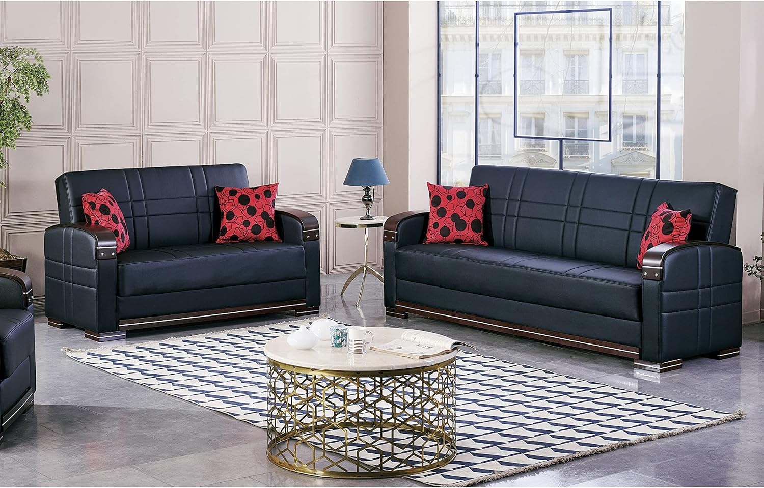 Empire Furniture USA Bronx Collection Convertible Loveseat with Storage Space, Includes 2 Pillows, Black