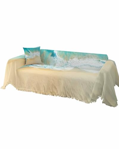 Ocean Wave Teal Green Sofa Cover Couch Covers for 3-4 Cushion Couch Throw Couch Cover with Tassel Soft Sofa Slipcover Summer Seawater Sunlight Couch Furniture Protector for Dog Pet 71