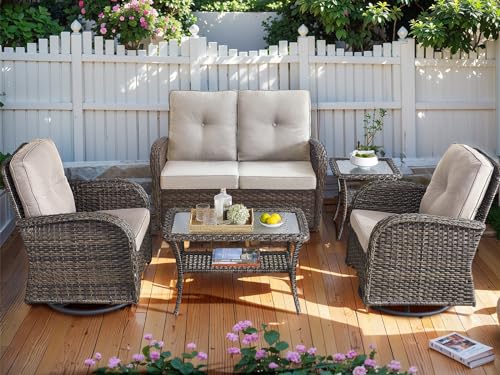 HUMMUH 6-Piece Patio Furniture PE Wicker Outdoor Conversation Set,All-Weather Rattan Swivel Rocker Chairs Outdoor Couch Ottomans for Backyard,Poolside,Deck