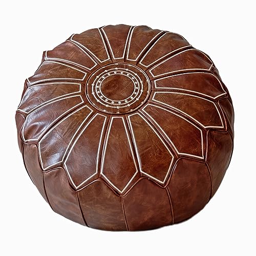 Moroccan Pouf Ottoman Cover Round Decorative Footstool Footrest Bean Bag Chair Foot Stool Rest Storage Solution Home or Wedding Gifts- Mandala Embroidered -(Empty & New)- Brown